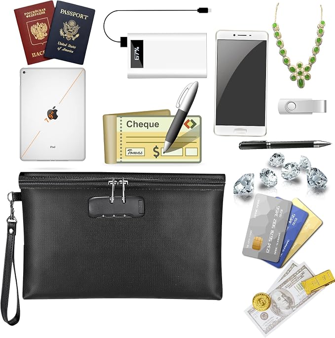 Fireproof Money Bag with Lock, Cash Pouch, 11.2"x7.6", Black | Zipper Closure, Portable Safe Storage for A5 Size Files, Cheque, Cell Phone, Tablet, Credit Card, Passport, Jewelry - Image 5