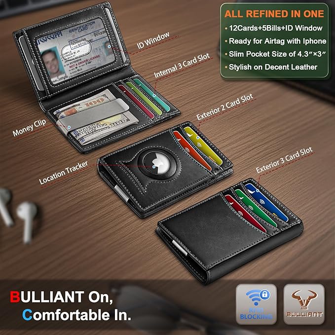 BULLIANT Magnetic Slim Leather Airtag Wallet Money Clip For Men 12Cards | RFID Blocking | Easy Access | Gift Boxed | Pocket Fit - Image 2