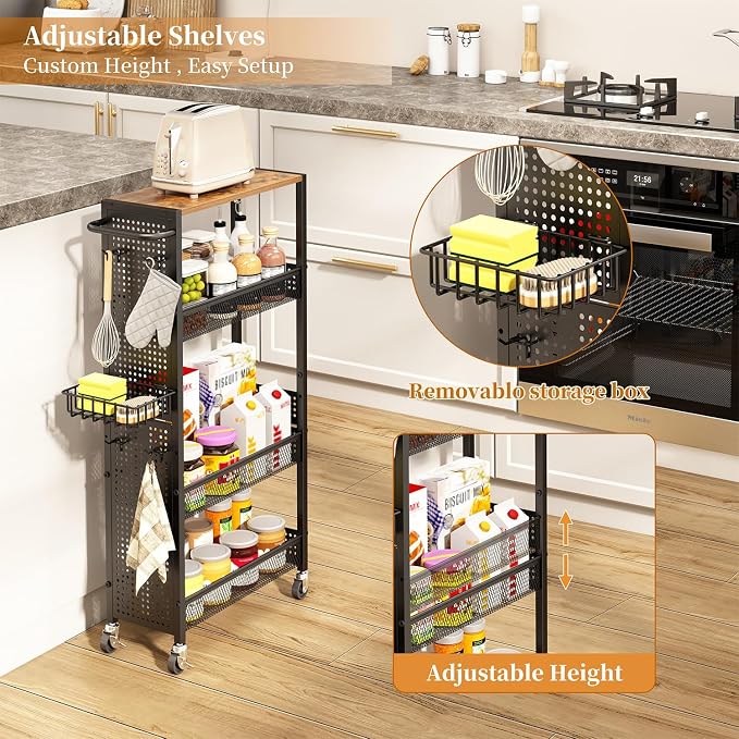 Slim Storage Rolling Cart: 4-Tier Narrow Metal and Wood Utility Cart with Wheels for Kitchen/Laundry/Bathroom(Black) - Image 6