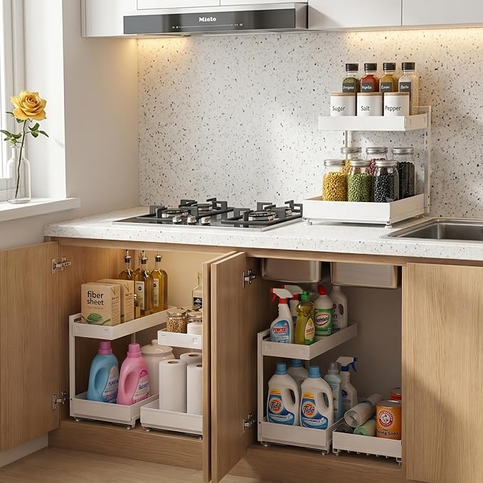 Under Sink Organizer, Bathroom Counter Organizer, 2 Packs 2-Tier Metal, Under Cabinet Storage, Makeup Storage, Adjustable Height & Slide-Out Drawer for Kitchen Bathroom, White - Image 8