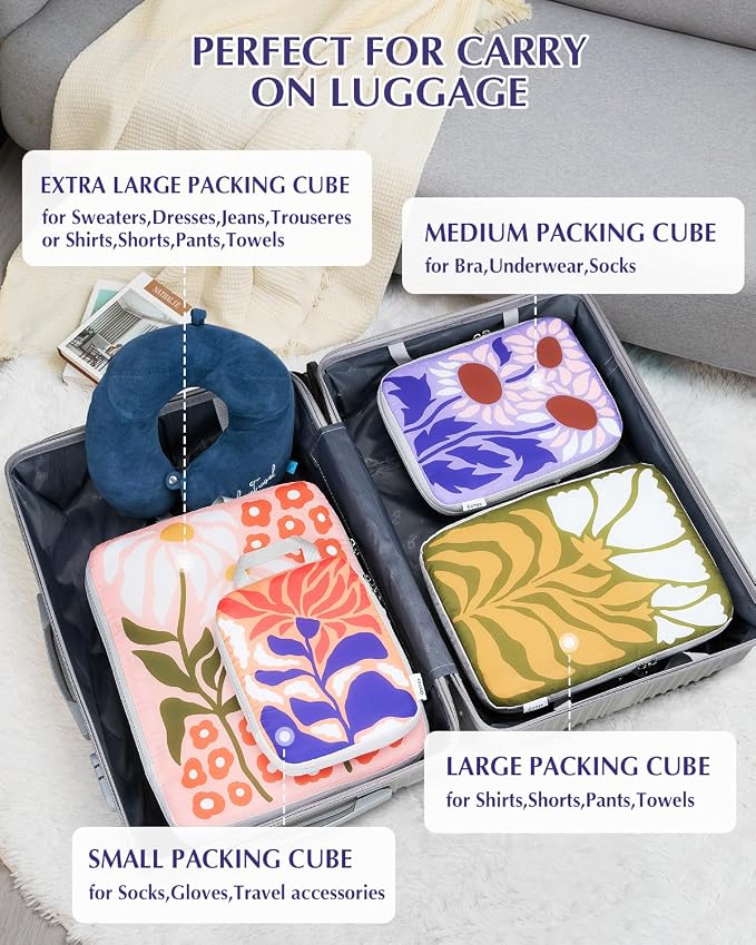 Gonex 4-Piece Compression Packing Cubes, Expandable Travel Organizers | Floral Pattern, Ripstop Fabric, Double-Zip Compression, Carry-On Friendly, Lightweight - Image 4