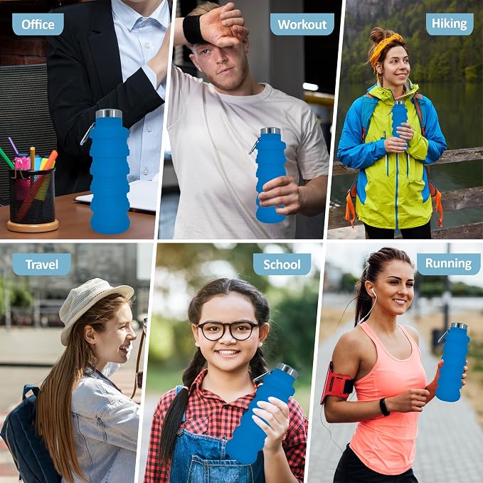 Collapsible Water Bottles 17oz, Odorless BPA-Free Silicone, Leak-Proof Foldable Reusable Bottle - Perfect for Travel Sports Gym Hiking Camping Cycling - Light Blue - Image 6