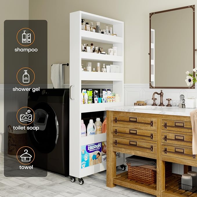 Slim Storage Cart, Lightweight 6 Tier Metal Rolling Utility Kitchen Cart on Wheels, Mobile Storage Shelving Unit Organizer for Bathroom Laundry Office Narrow Places (White, 6" D) - Image 8