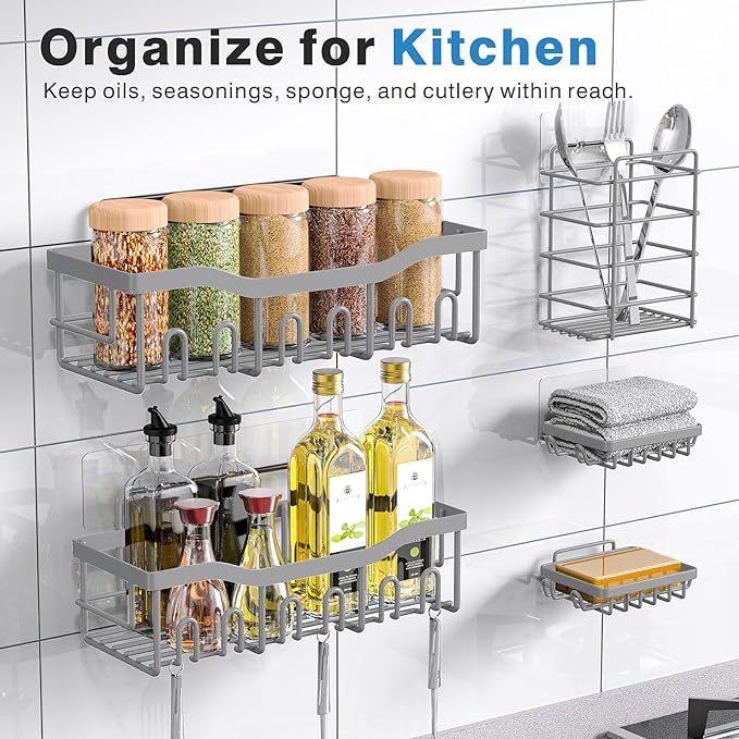 Shower Caddy 5 Pack,Adhesive Shower Organizer for Bathroom Storage&Home Decor&Kitchen,No Drilling,Large Capacity,Rustproof Stainless Steel Bathroom Organizer,Shower Shelves for Inside Shower-Larger - Image 6