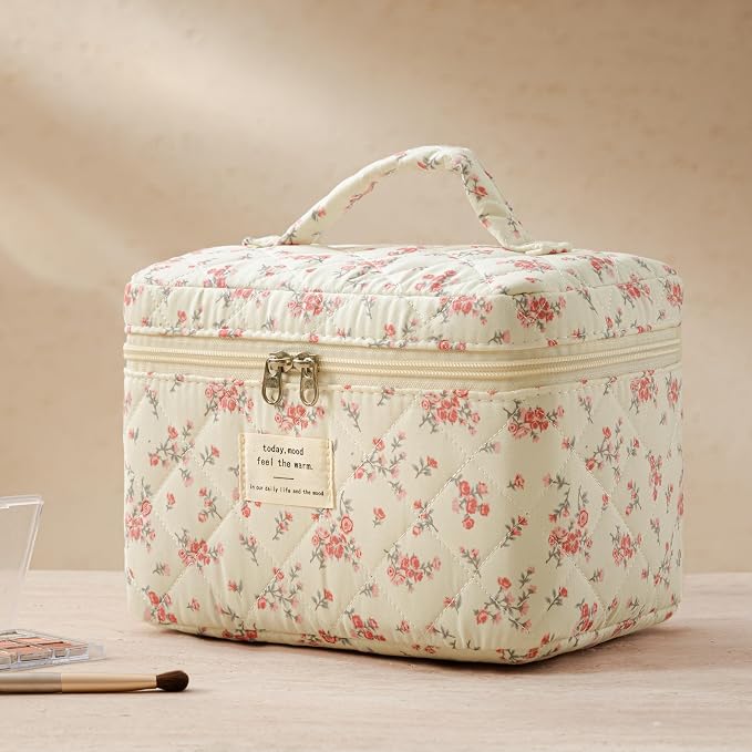 HBselect Quilted Makeup Bag, 3Pcs Cotton Large Travel Makeup Bags Organizer | Cute Floral Make up Bag Cosmetic Bag Toiletry Bag for Women Girls, Makeup Pouch for Skincare, Brushes & Travel Essentials - Image 5