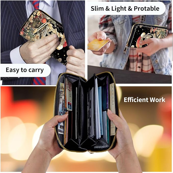 Wallet,Leather Long Wallet Suitable For Ladies And Teenagers - Detachable Wristband + RFID Travel Wallet With Card Slot - Mushroom Skeleton - Image 7