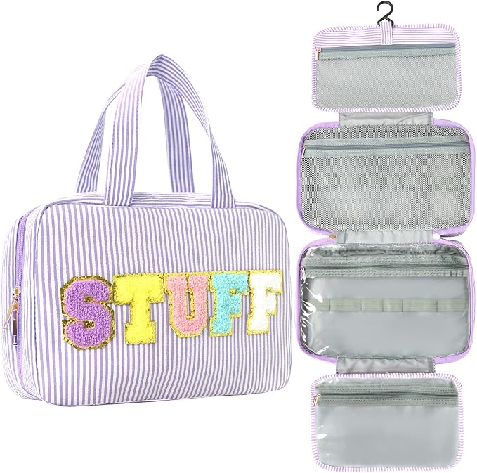 Hanging Toiletry Bag for Women Chenille Letter Travel Cosmetic Bag Fashion Stripes Water-resistant Makeup Bag for Store Toiletries Cosmetic Accessories Medium Purple by Unknown