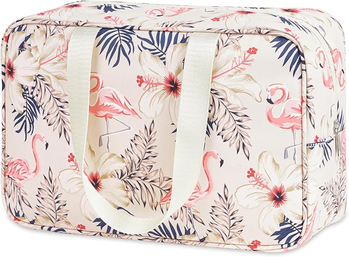 Narwey Full Size Toiletry Bag Women Large Cosmetic Bag Travel Makeup Bag Organizer Medicine Bag for Toiletries Essentials Accessories (Large, Beige Flamingo) by Narwey