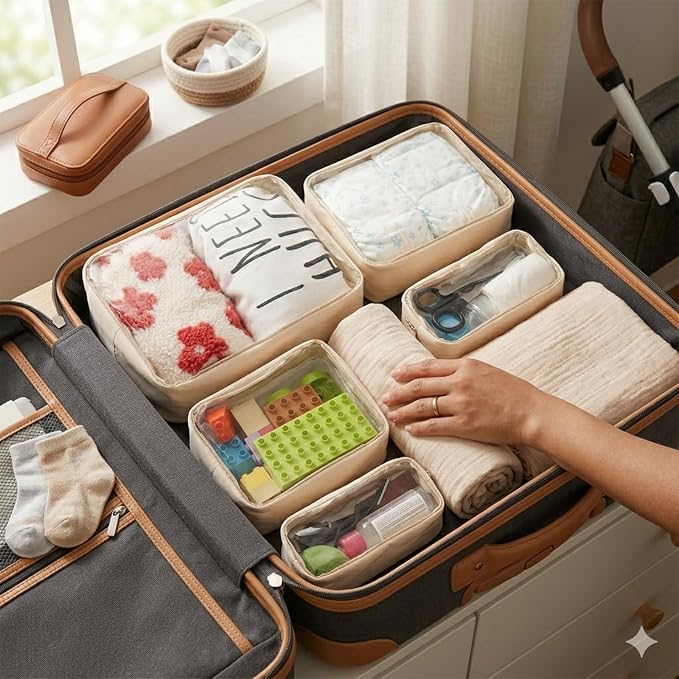 Remobia Hicol TSA Approved 5-Piece Diaper Bag Organizer Pouch Set Clear Waterproof TPU Kids Toiletry Storage Set Travel Packing Clutch Cube Bags for Baby Nursing(Cream leather) - Image 6