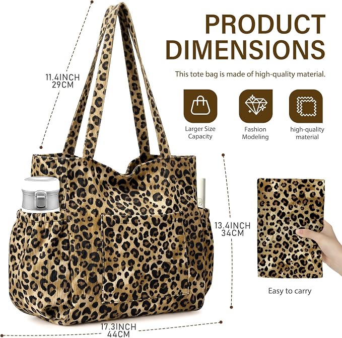 Corduroy Tote Bag for Women,Large Capacity Cute Tote Bags With 6 Pockets,Crossbody Shoulder Handbag for Work Travel Gym - Image 6