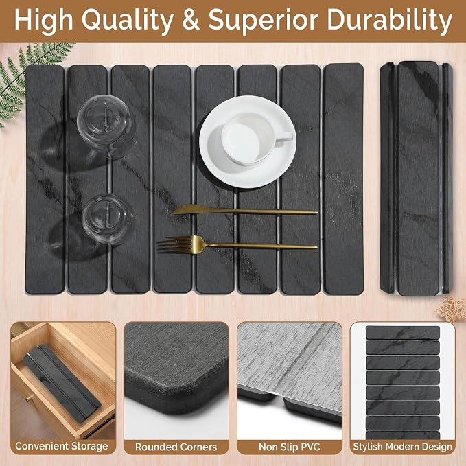 2 PCS Stone Dish Drying Mat for Kitchen Counter,Quick Dry Stone Dishes Mats,Marbled Water Absorbing Diatomaceous Earth Drying Pad for Countertop Bottles Utensils Cups（Dark Gray 20"×14" & 8"x4"） - Image 4