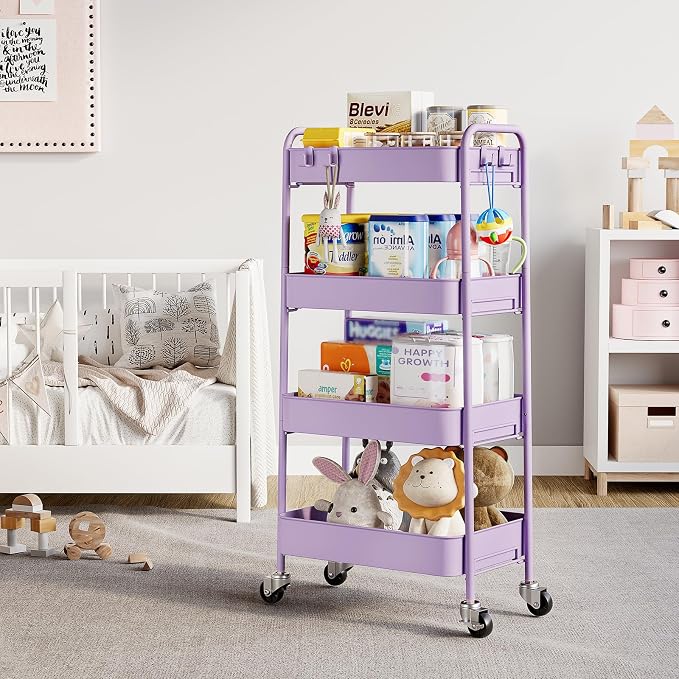 TOOLF 4 Tier Metal Rolling Cart, Utility Storage Cart with Wheels, Purple | Screwless Assembly, Lockable Metal Wheels, Trolley Organizer for Bathroom, Kitchen, Office, Dorm, Laundry, Craft Room - Image 9