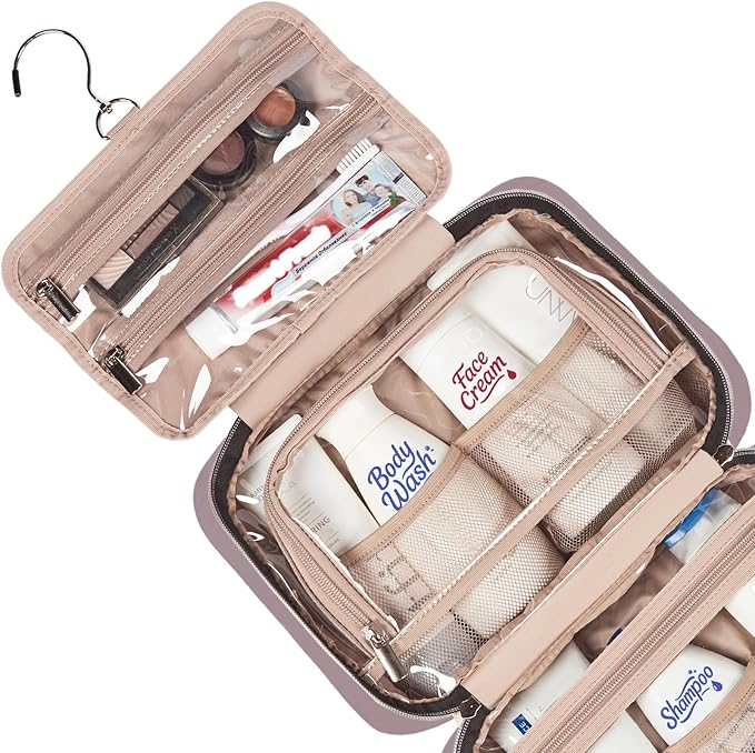 NISHEL Travel Toiletry Bag for women, Portable Hanging makeup Organizer | for Travel-Sized Shampoo, Conditioner, Brushes Set, makeup Accessories, Medium Size, Peach Pink - Image 4