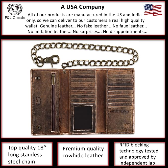 F&L CLASSIC Chain Wallets for Men buffalo premium leather RFID blocking long style Tri-fold for Trucker, bikers, vintage look,buff hunter White stitching,212 - Image 2