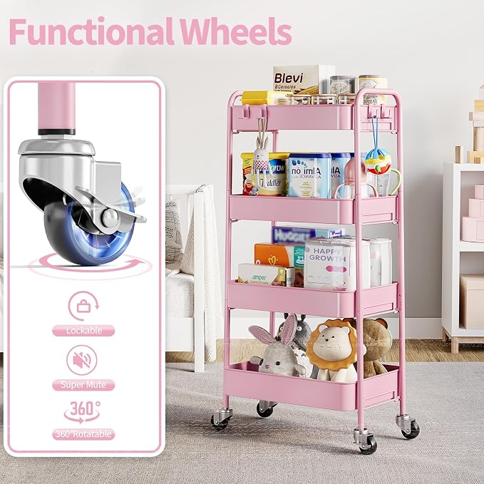 TOOLF 4 Tier Metal Rolling Cart, Utility Storage Cart with Wheels, Pink | Screwless Assembly, Lockable Metal Wheels, Trolley Organizer for Bathroom, Kitchen, Office, Dorm, Laundry, Craft Room - Image 5