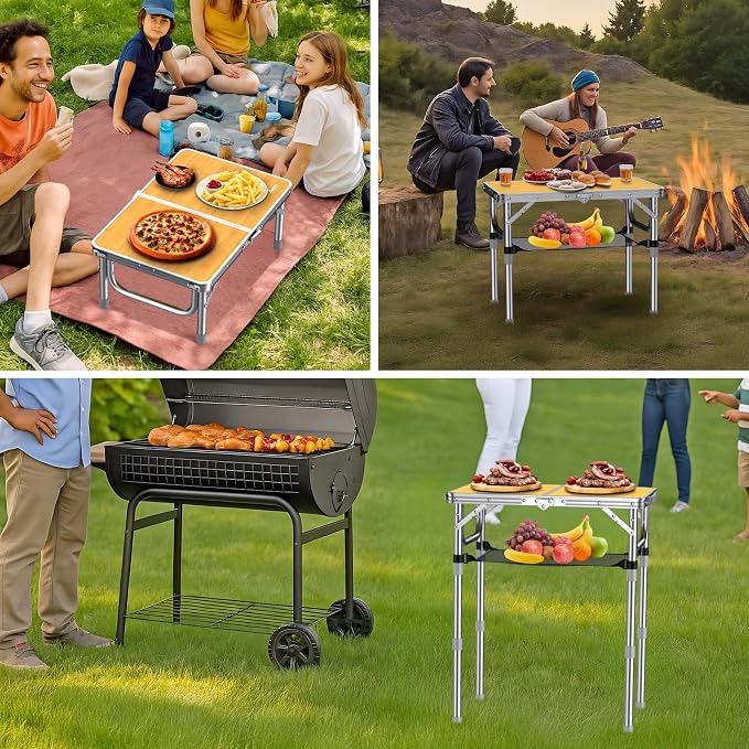 Anbte 2ft Camping Folding Table, 3 Adjustable Heights High 27.5", 24" x 16" | Aluminum Small Folding Table with Storage Net, Portable, For Outdoor Indoor Picnic Beach BBQ RV Travel Camp, Light Oak Grain - Image 8