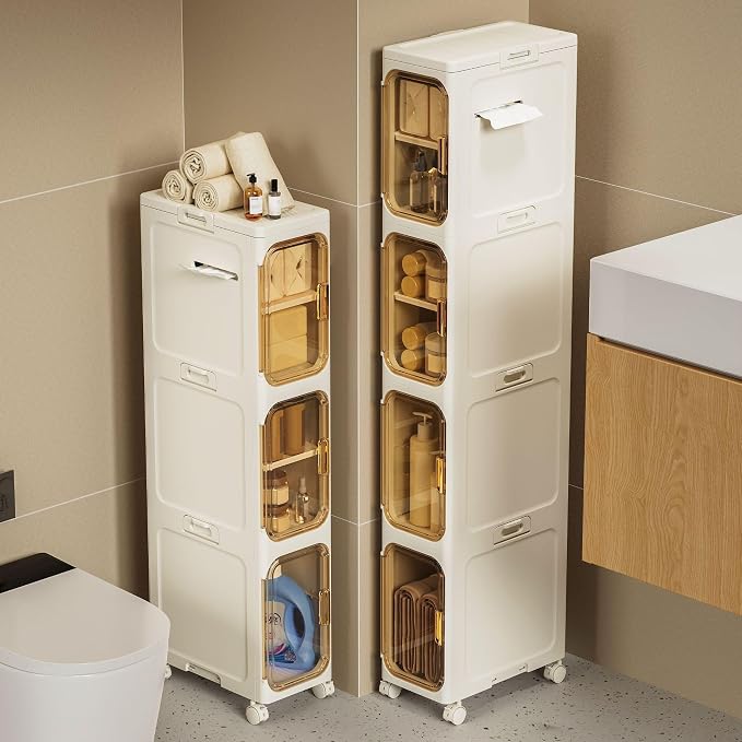 Slim Bathroom Storage Cabinet, Foldable & Movable Narrow Storage Organizer for Small Spaces, Bathroom, Kitchen, Laundry Room, Living Room (4-Tier) - Image 4