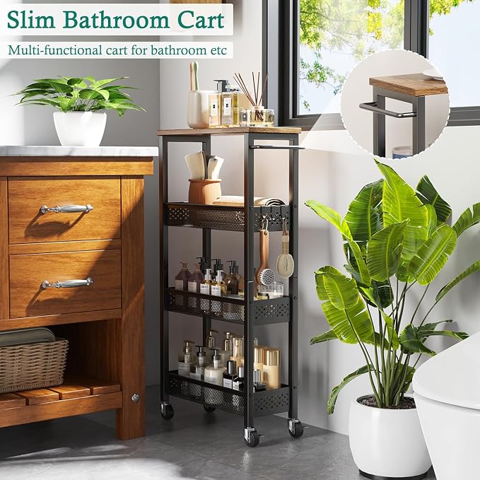 XYZLVSI Utility Slim Storage Cart, 4 Tier Kitchen Narrow Shelf on Wheels | 7.1" W skinny rolling cart with wooden top and metal handle, ideal for bathroom/dorm/office, between washer and dryer storage - Image 3