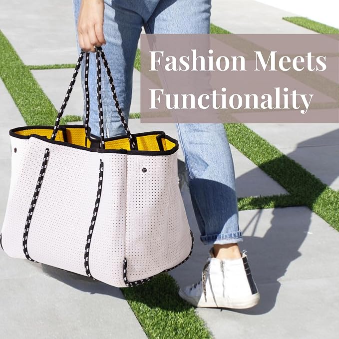 POPUPS Large Neoprene Tote Bag for Women - Everyday Designer Handbag for Travel Work and Beach with Pockets and Zipper Pouch - Image 3