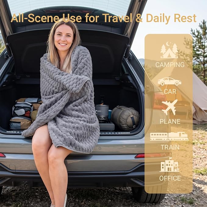 Travel Blanket with Bag, Soft Fleece Portable Airplane Blanket, Grey | Soft fleece travel blanket 50x60in grey. 5-in-1: pillow, lumbar support, shawl, hand warmer. Washable, luggage sleeve, clip. - Image 3