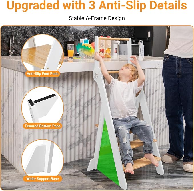COSYLAND Toddler Standing Tower Foldable Toddler Kitchen Step Stool | Adjustable Height Folding Step Stool for Kids Learning & Cooking - Ages 18 Months to 6 Years with Safety Net Natural & White - Image 6