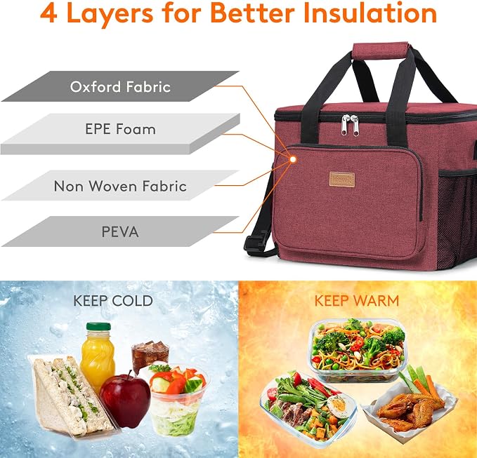 Lifewit Large Lunch Bag, Insulated Lunch Box, Soft Cooler Cooling Tote for Adult Men Women, Burgundy 40-Can (24L) - Image 2