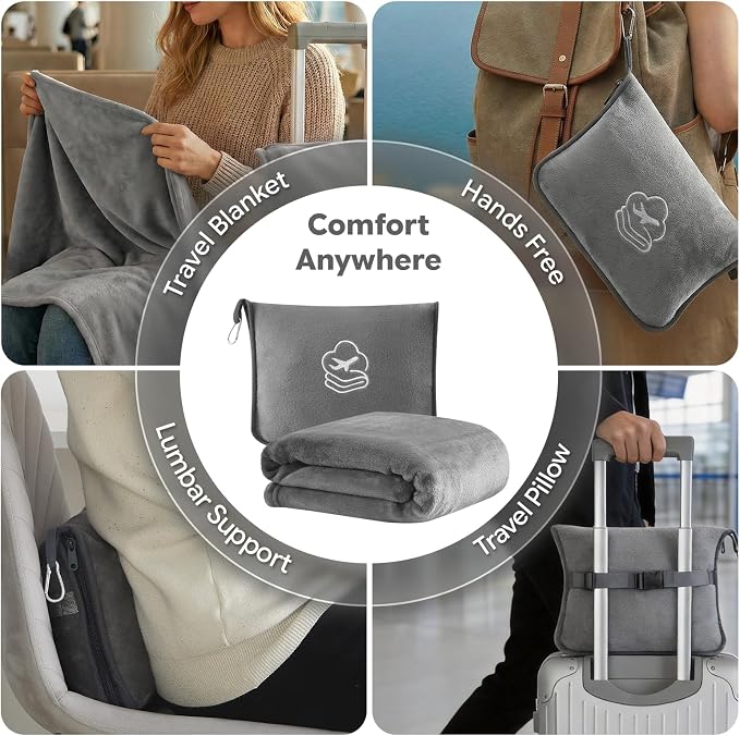 Travel Blanket, Soft 2-in-1 Airplane Blanket, 65x40 Inches, Travel Blanket Airplane Compact with Bag, Car Blanket with Luggage Sleeve & Backpack Clip (Light Grey) - Image 3