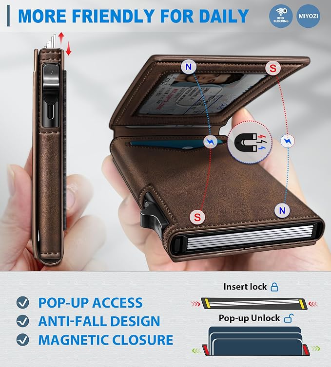 Wallet for Men, Slim Pop Up Card Holder - RFID Blocking Minimalist Bifold Wallet with ID Window, Holds 9-11 Cards & Stretchable Strap, Metal Flip Case with Magnetic Closure, Gift Box - Image 3
