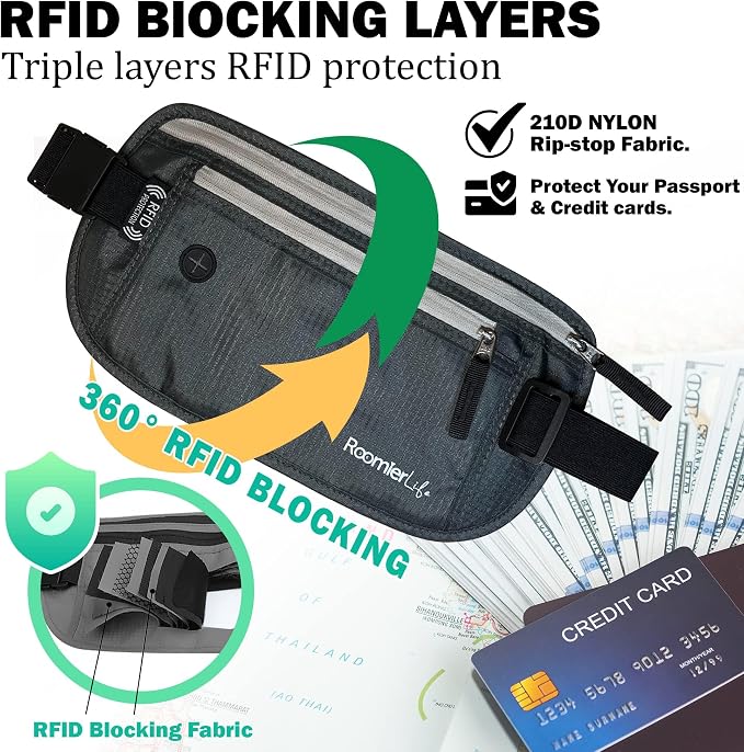 RFID Blocking Passport Holder Travel Pouch for Men & Women - Hidden Money Belt with Anti-Theft Locking Zipper, Slim Waterproof Waist Wallet for Cash, Credit Cards, Passport & Travel Documents, Grey - Image 3