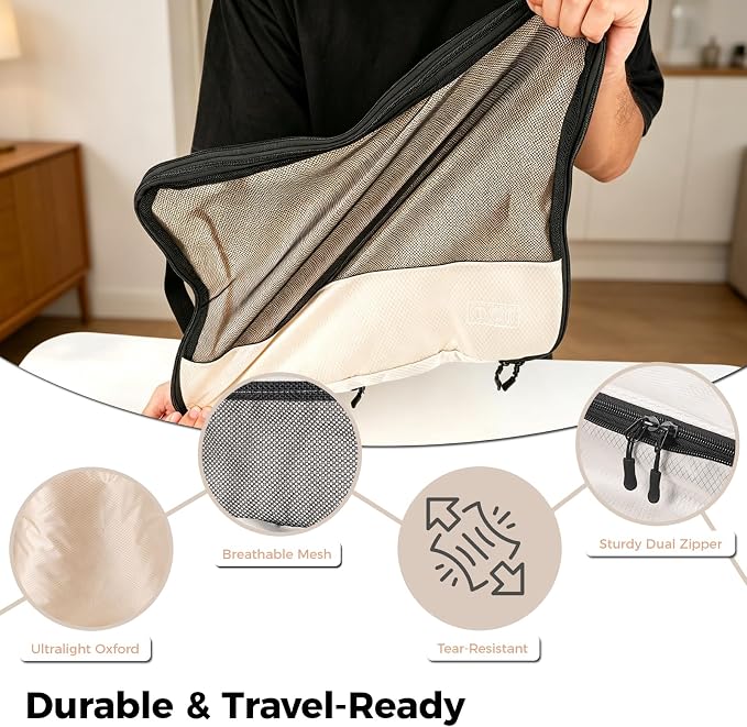 8-Piece Compression Packing Cubes for Travel, Luggage Organizer Sets | Ultralight Aesthetic Packing Cubes with Space Save & Double Zipper for Carry-On & Suitcase, Travel Essentials- Beige - Image 6