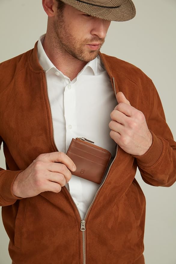 RFID Blocking Zipper Wallet, Slim Business Card Holder, Men & Women, Handcrafted Full-Grain Leather, Gift Box & Pouch, Christmas & Birthday, Tan - Image 2