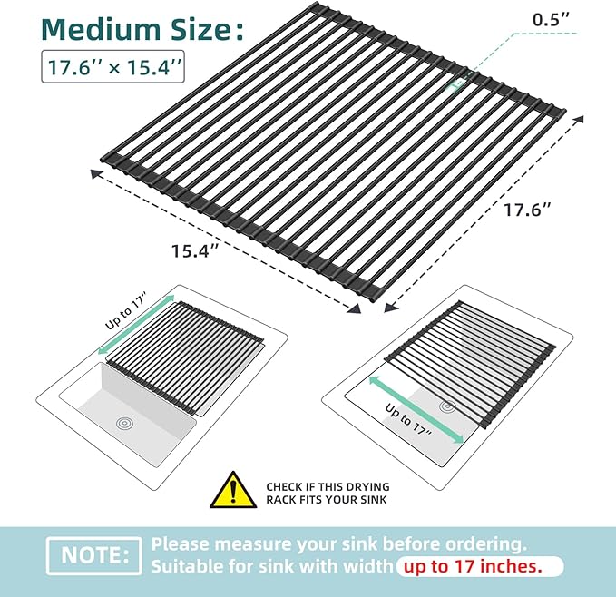 Ohuhu Over The Sink Dish Drainer Drying Rack, 17.6" W x 15.4" L Roll Up Dish Racks Kitchen Sink Organizer Silicone Wrapped Large in Sink Dish Drying Rack Foldable Rolling Drain Mats Anti-Slip - Image 9