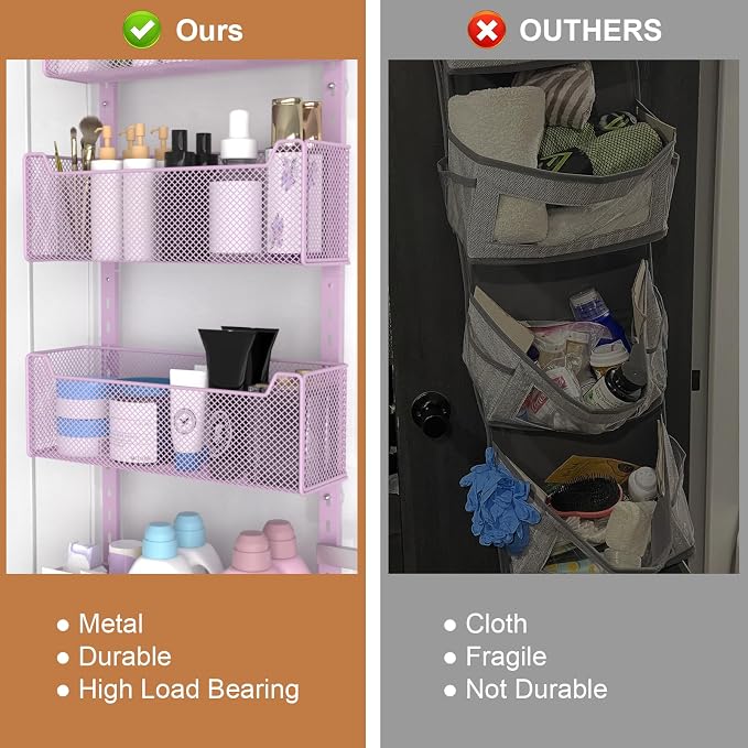 VyGrow Over The Door Organizer, Metal Door Organizer Hanging with 5 Adjustable Baskets and Coat Hook, Behind The Door Storage for Bedroom Closet Bathroom Pantry Cabinet Kitchen, Purple - Image 6