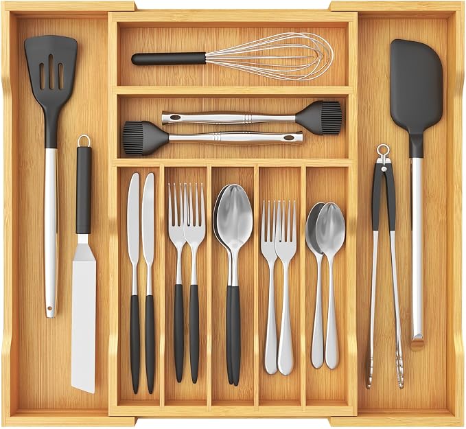 Lifewit Silverware Drawer Organizer, Wooden Utensil Tray for Kitchen | Expandable Flatware and Cutlery Holder, Adjustable Storage for Spoons Forks Knives, 12-21 x 17", Natural by Lifewit