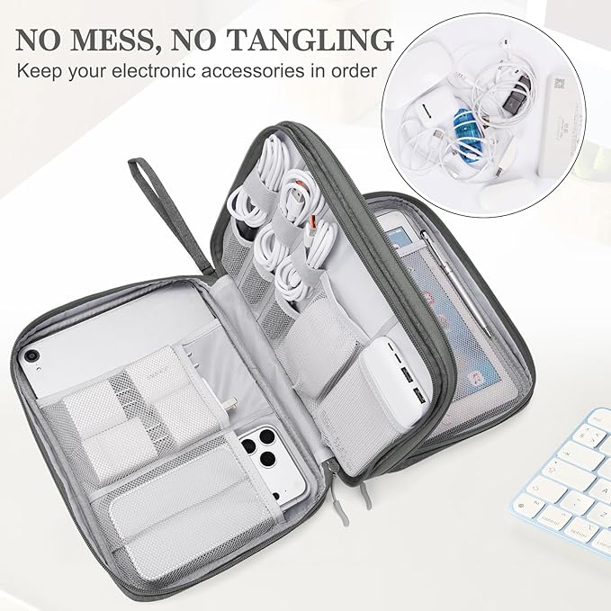 FYY Electronic Organizer, Travel Tech Pouch Bag, Extra Large, Dark Grey | Wrist Strap, Waterproof, Double Layers Electronics Travel Case for iPad, Cord, Laptop Charger, Daily and Business Trips Use - Image 5