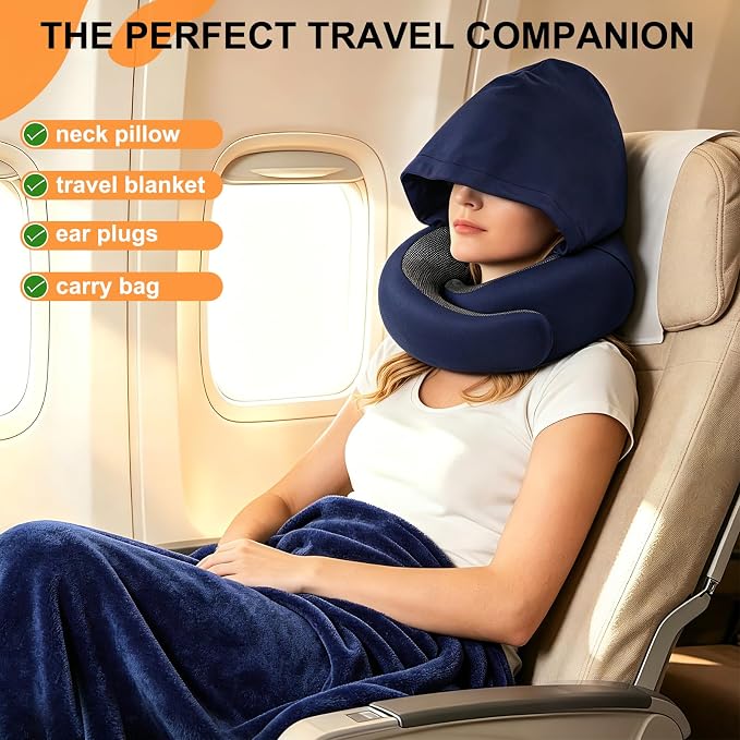 Travel Pillow and Blanket Set for Airplane, Hooded Memory Foam Neck Pillow | Soft blanket, privacy hood, earplugs, carry bag and memory foam neck support for airplane travel, long flights and road trips - Image 2
