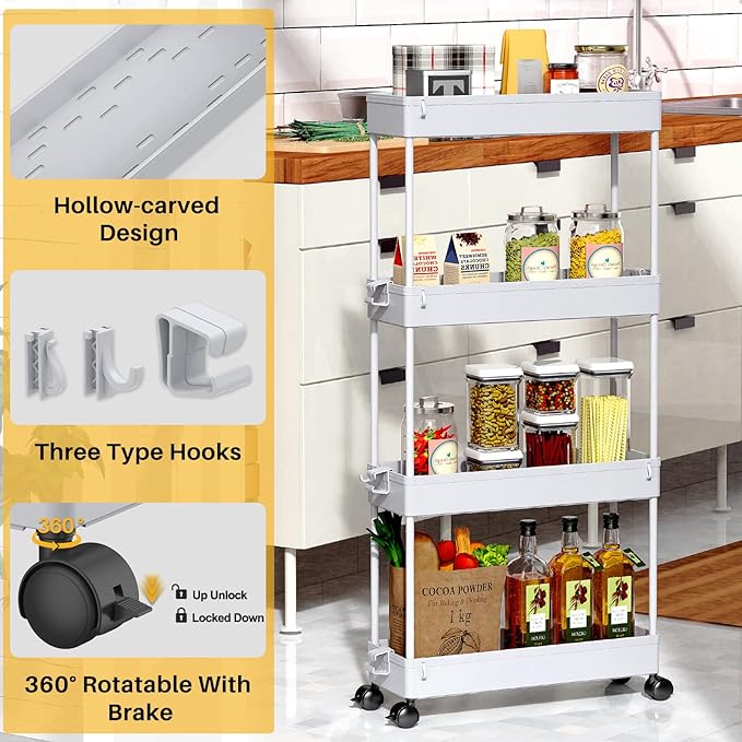 SPACEKEEPER Slim Rolling Storage Cart 4 Tier Bathroom Organizer Mobile Shelving Unit Storage Rolling Utility Cart Tower Rack for Kitchen Bathroom Laundry Narrow Places, Gray | Narrow Rolling Cart with Wheels for Kitchen Office Bathroom Laundry Room,Mob... - Image 2