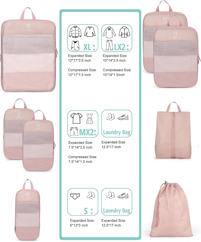 6/8 Set Space Saving Compression Packing Cubes Lightweight Packing Cube | Expandable Space-Saving Compression Cubes 6 Set Lightweight Travel Luggage Packing Cubes Organizer Essentials Smooth Zippers - Image 6