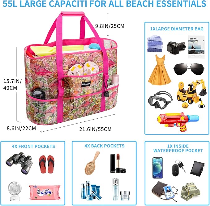 KABAQOO Mesh Beach Bag, Extra Large Beach Bags with 9 Pockets & Zipper Waterproof Lightweight Beach Tote for Beach/Pool Trip - Image 4