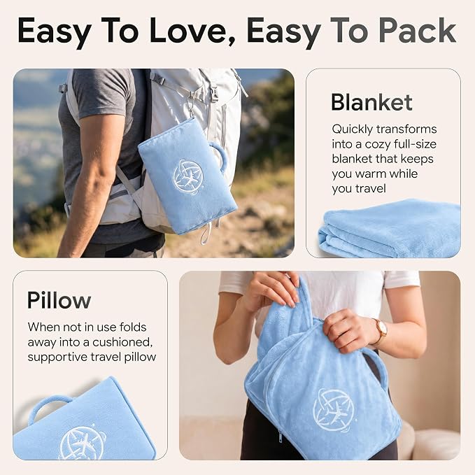 2-in-1 Travel Blanket and Pillow – Lightweight, Compact, Ultra Soft, Machine Washable – Handle, Luggage Sleeve, Backpack Clip – for Travel Airplane, Car, Office (Light blue) - Image 4