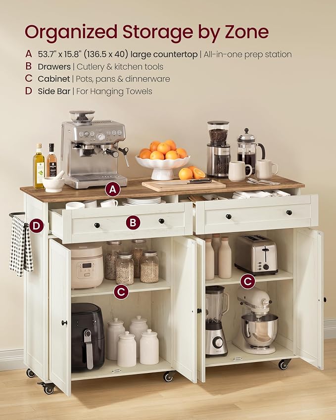 VASAGLE Mobile Kitchen Island with Storage Cabinet for Kitchen, Dining Room | Portable Mobile Cart on Wheels , 15.8 x 53.7 x 35.1 Inches, Rustic White and Honey Brown, SIREN Collection UKKI016WJ01S - Image 3