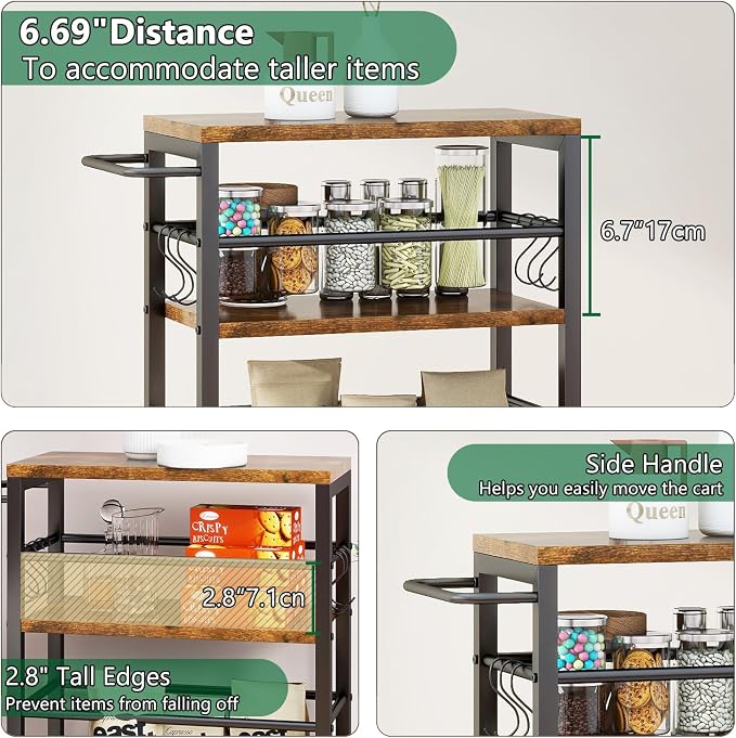 IBUYKE Slim Rolling Storage Cart, Kitchen Cart Utility Shelving UTMJ065H | 4-Tier, with Lockable Wheels,Handle&6 Hooks, 7.9" wide,for Kitchen, Laundry, Bathroom, Rustic Brown - Image 7