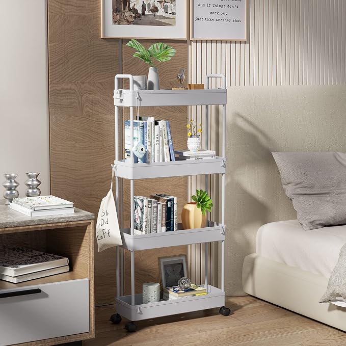 SOLEJAZZ Slim Rolling Storage Cart Skinny Bathroom Organizer, 4 Tier, Gray | Thin utility cart with wheels for bathroom, laundry room, bedside, kitchen, dorm, office, next to fridge, small narrow places - Image 5