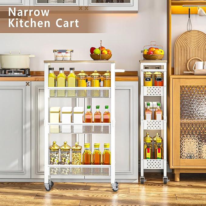 Utility Slim Rolling Storage Cart, 4-Tier Narrow Metal Organizer with Wood Top, 7.1" Width Utility Cart for Kitchen, Bathroom, Laundry Room, Small Spaces, White - Image 6