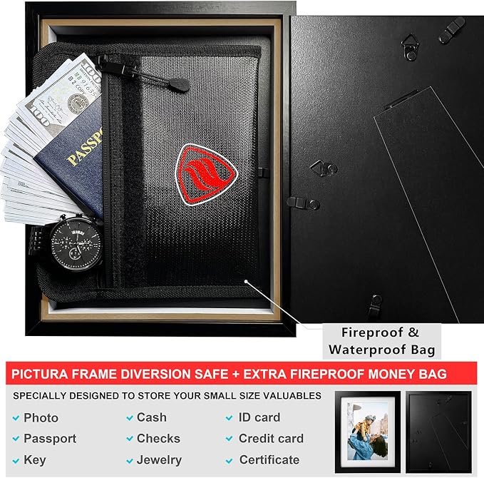 Photo Picture Frame Diversion Safe with Fireproof & Waterproof Money Bag, Valuable Storage, Home Security, ANZAKY Mini Box with Hidden Compartment to Shield your Money, Cash, 5"x7" - Image 2