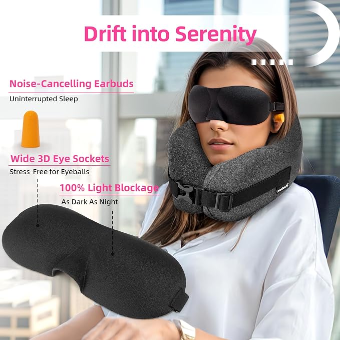 Neck Pillow Airplane Travel Set - Pure Memory Foam Travel Pillow for Long Flights Essentials, Sleeping with 3D Contoured Eye Mask, Earplugs, Portable Bag (Grayish) - Image 7