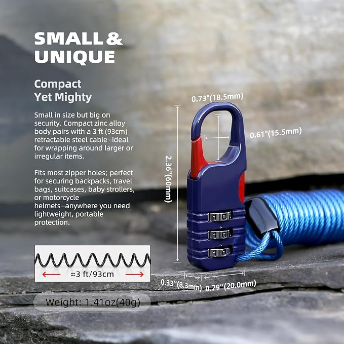 Small Cable Locks with Combination, Travel Combo Lock with Retractable Cable for Ski Gear, Snowboard, Luggage, Suitcases, Backpack, Bike, Bicycle, Scooter, Motorcycle Helmet Anti Theft - Image 4