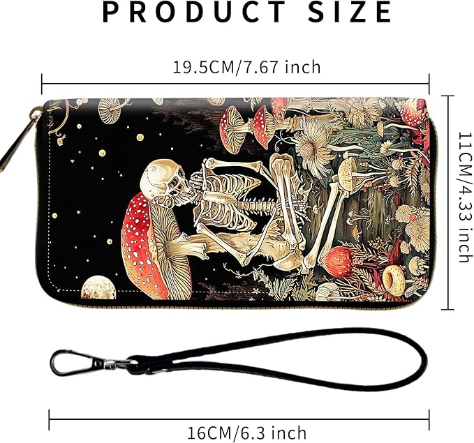 Wallet,Leather Long Wallet Suitable For Ladies And Teenagers - Detachable Wristband + RFID Travel Wallet With Card Slot - Mushroom Skeleton - Image 2