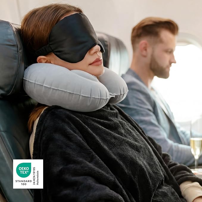Bedsure Travel Blanket Set with Inflatable Neck Pillow and Eye Mask - Lightweight 3-in-1 Airplane Packable Blanket, Compact Travel Essentials, Black - Image 4