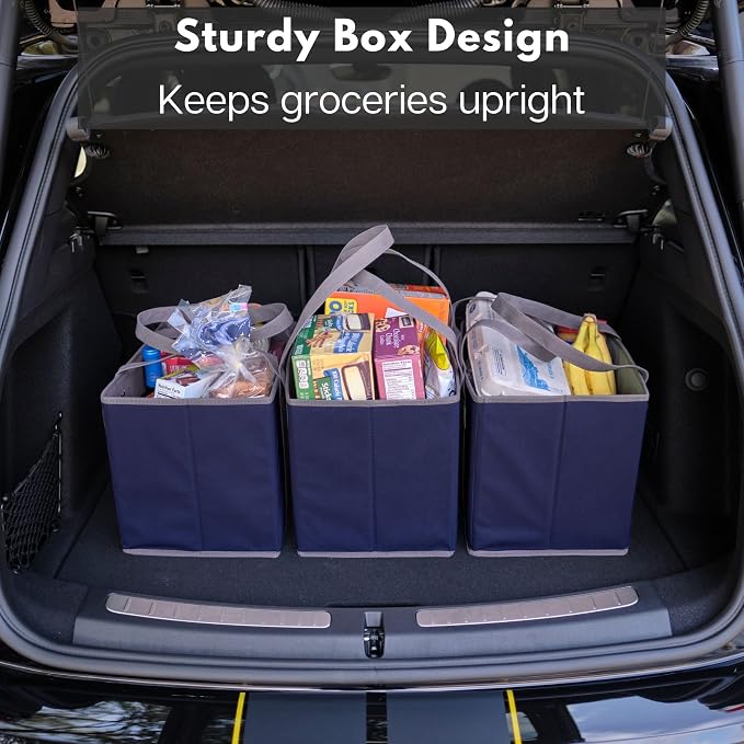 Reusable Grocery Bags (3 Pack) – Heavy Duty Reusable Shopping Bags with Box Shape to Stand Up, Stay Open, Fold Flat – Large Tote Bags are Foldable with Long Handles & Hard Bottom (Navy Blue) - Image 6